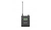 This is a photo of the SONY UTX-B03HR. It is a transmitter that you plug a microphone in to. It is black in colour with a screen on the front. It has an antenna coming off the top. It is at a front facing view. 