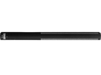 This is a photo of the Sanken CS-2 microphone. It is a side view and the microphone is black. Shown on white background.