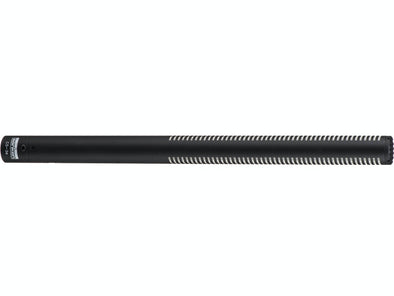 This is a photo of the Sanken CS-3e. The microphone is black and is shown at a side view. Shown on a white background.