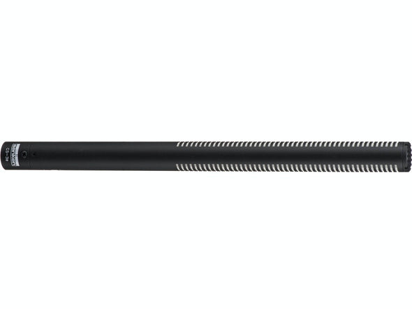 This is a photo of the Sanken CS-3e. The microphone is black and is shown at a side view. Shown on a white background.