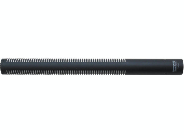 This is a photo of the Sanken CSR-2 microphone. It is shown on its side. The microphone is black.