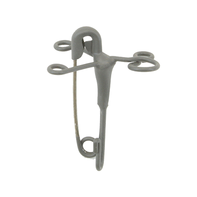 This is a photo of the Sanken PIN-11 microphone clip with safety pin. It is shown in grey. It is at a front facing up right view. It is used to perfectly position microphones in place for recording.