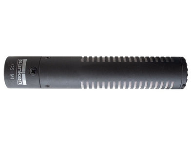 This is a picture of the Sanken CS-M1 shotgun microphone. It is front facing in a horizontal position. It is black in colour. It has a Sanken logo on the front.