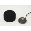 This is a photo of the Sanken WM-01 foam windscreen. It is black in colour and made out of foam. It is cylinder shaped. It is shown with a grey CUB-01 microphone