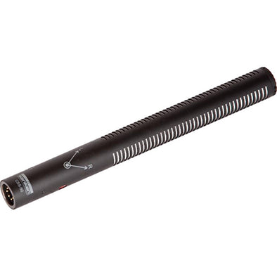 This is a photo of the Sanken CSS-50 microphone. It is shown at an angle. The microphone is black.