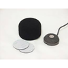 This is a photo of the sanken RB-01 shown with a grey CUB-01 and a black microphone foam wind protector. It is a rubber base accessory for the CUB-01 miniature boundary microphone. It is a small circular shape with a white top.