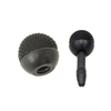 This is a photo of the Sanken WSL-11. It is black. It is circular in shape, like the shape of an acorn. It is a large metal windscreen. In the photo it is placed on a microphone to show you what it looks like on a microphone.