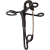 This is a photo of the Sanken PIN-11 microphone clip with safety pin. It is shown in black. It is at a front facing up right view. It is used to perfectly position microphones in place for recording.