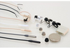 This is a photo of all four colours of the Sanken COS-11D PT/RM microphone. Black, grey, white and beige. Also shown with accessories including microphone clips and microphone wind protectors