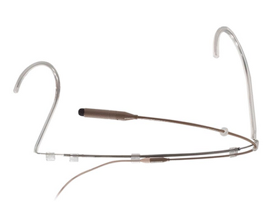 This is a photo of the Sanken COS-11D HWM (head worn microphone. It is facing on a front view and shown in colour cocoa on a white background.